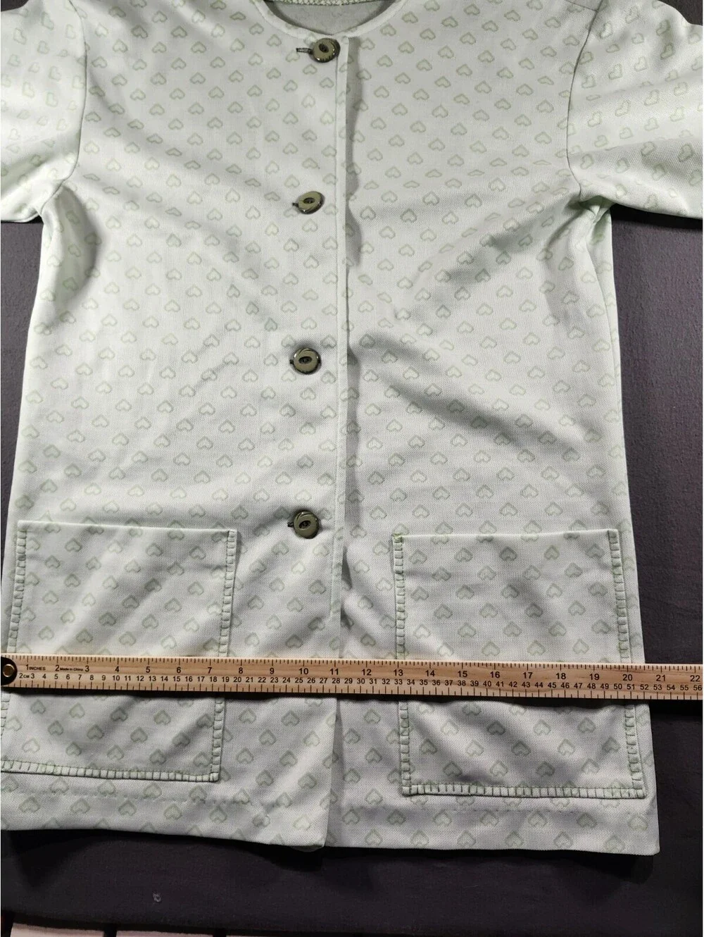 Women’s L Handmade 2pc Pajama Set Green/White Hearts Button-Front And 4 Pockets